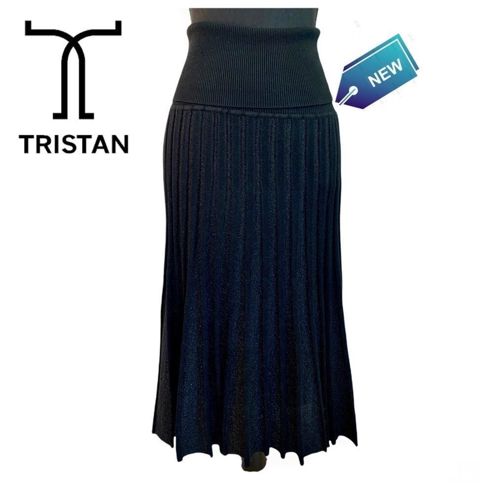 TRISTAN NWT Black stretchy knit pleated shimmer skirt size small